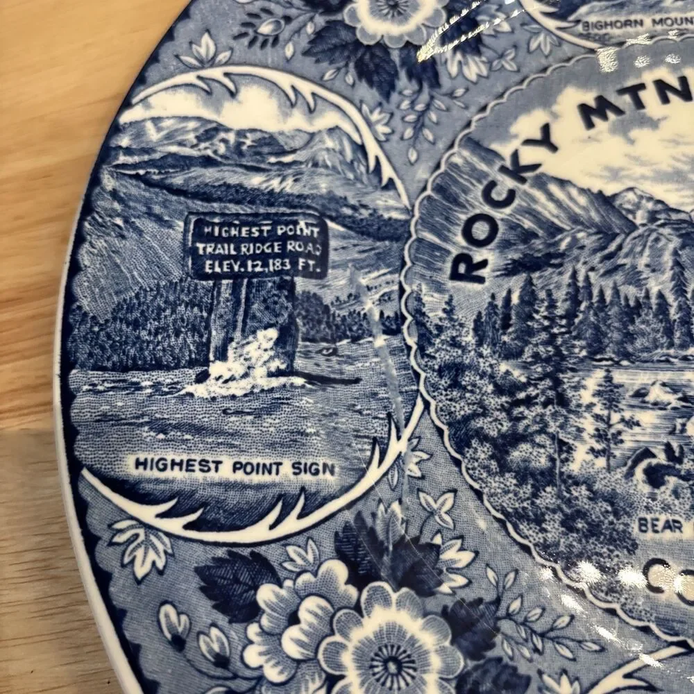 Vintage Rocky Mtn Nat’l Park Fine Straffordshire Ware Blue White Souvenir Plate
